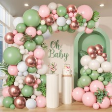 Sage Green Pink Balloon Arch Kit, Olive Green Baby Pink Sand White Balloons with Rose Gold Metallic Latex Balloons for Girl Birthday Baby Shower Wedding Bride Shower Party Decorations
